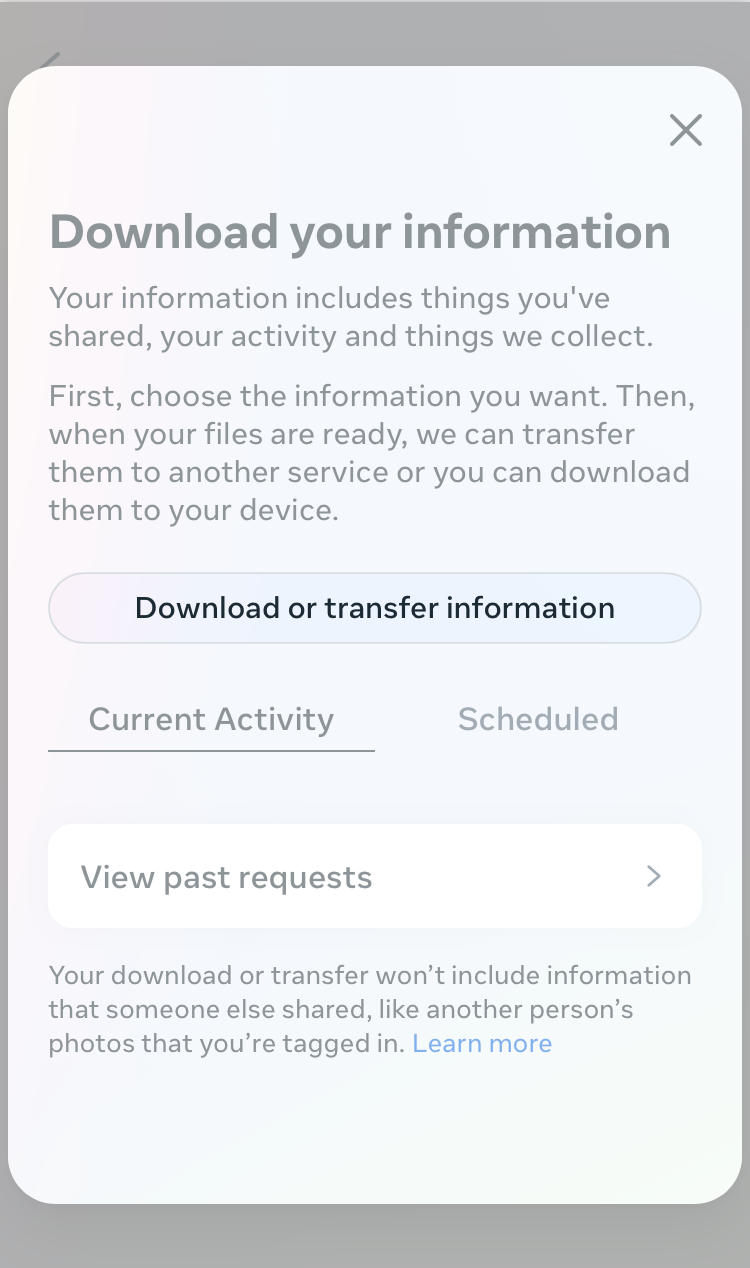 The Instagram 'download your information' tool landing page.